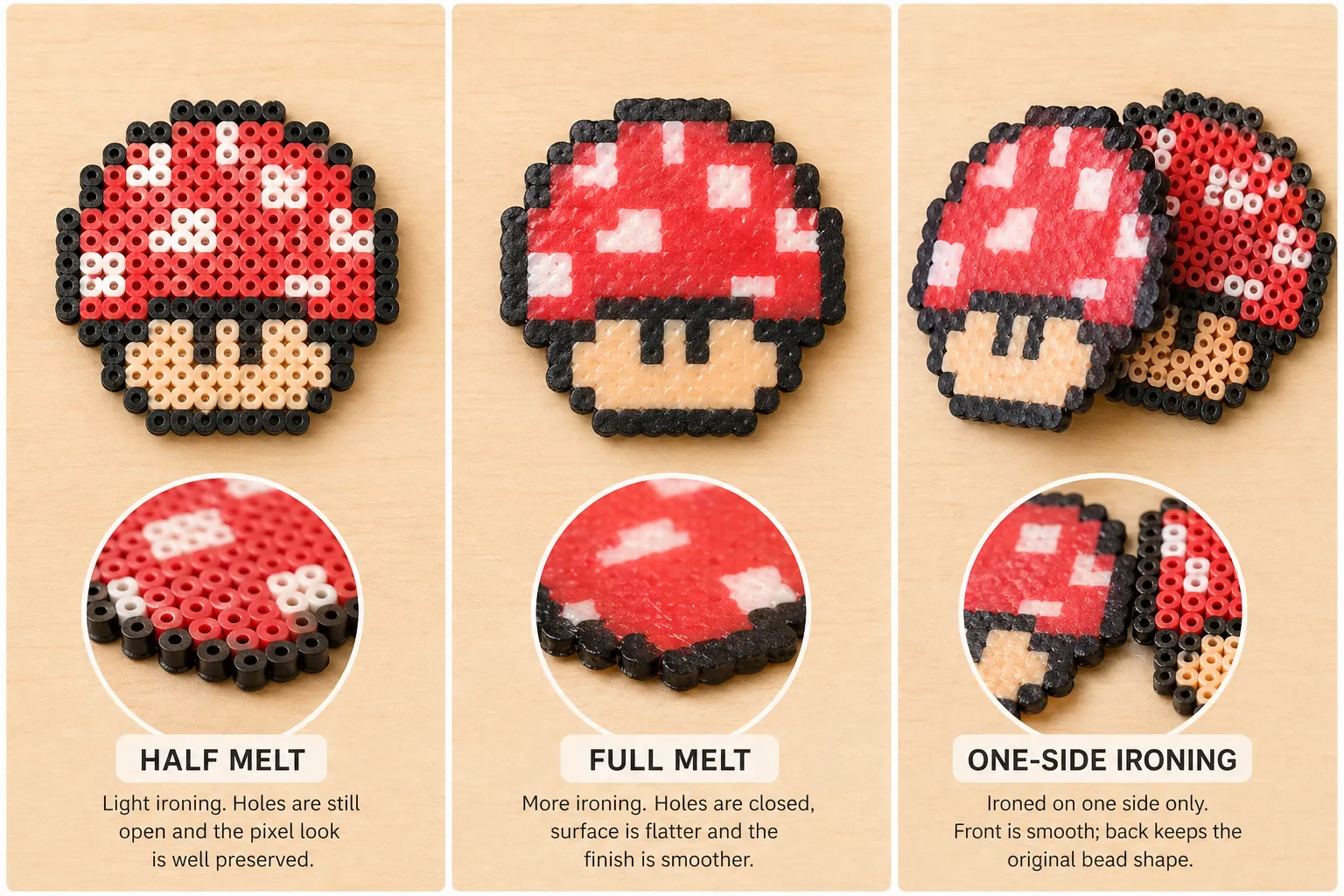 A labeled comparison of the same fuse bead mushroom finished as half melt, full melt, and one-side ironing.