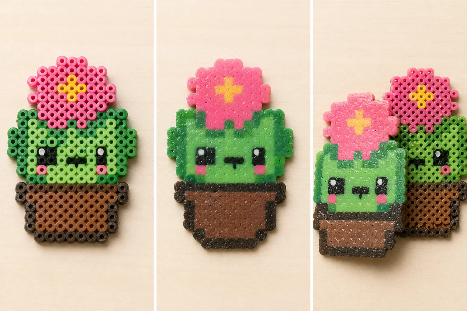 A side-by-side example of the same flower-pot fuse bead design shown in open-hole, flatter melted, and one-side-ironed finishes.