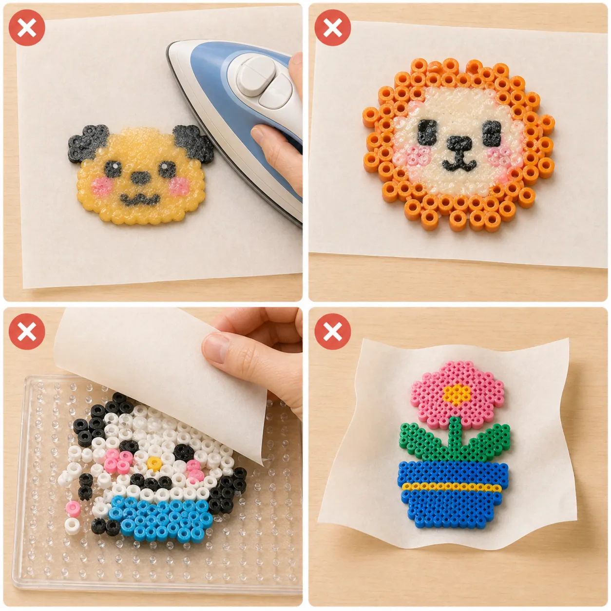 A four-panel overview of common fuse bead ironing mistakes, including direct ironing issues, over-melting, unstable setup on the pegboard, and poor paper handling.