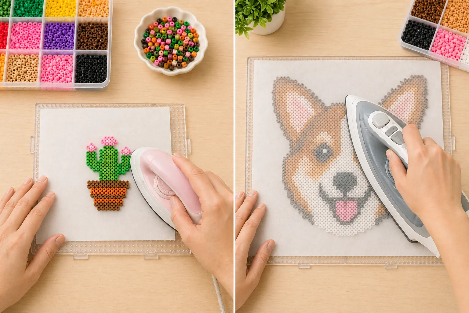 A comparison showing a mini iron used on a small cactus fuse bead piece and a household iron used on a larger corgi design.