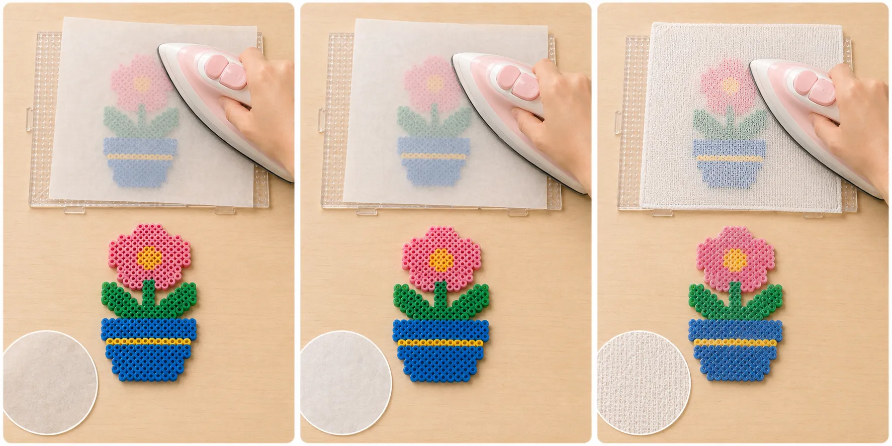 A three-way comparison of fuse beads ironed through baking paper, official ironing paper, and textured cloth, showing the different surface finishes.