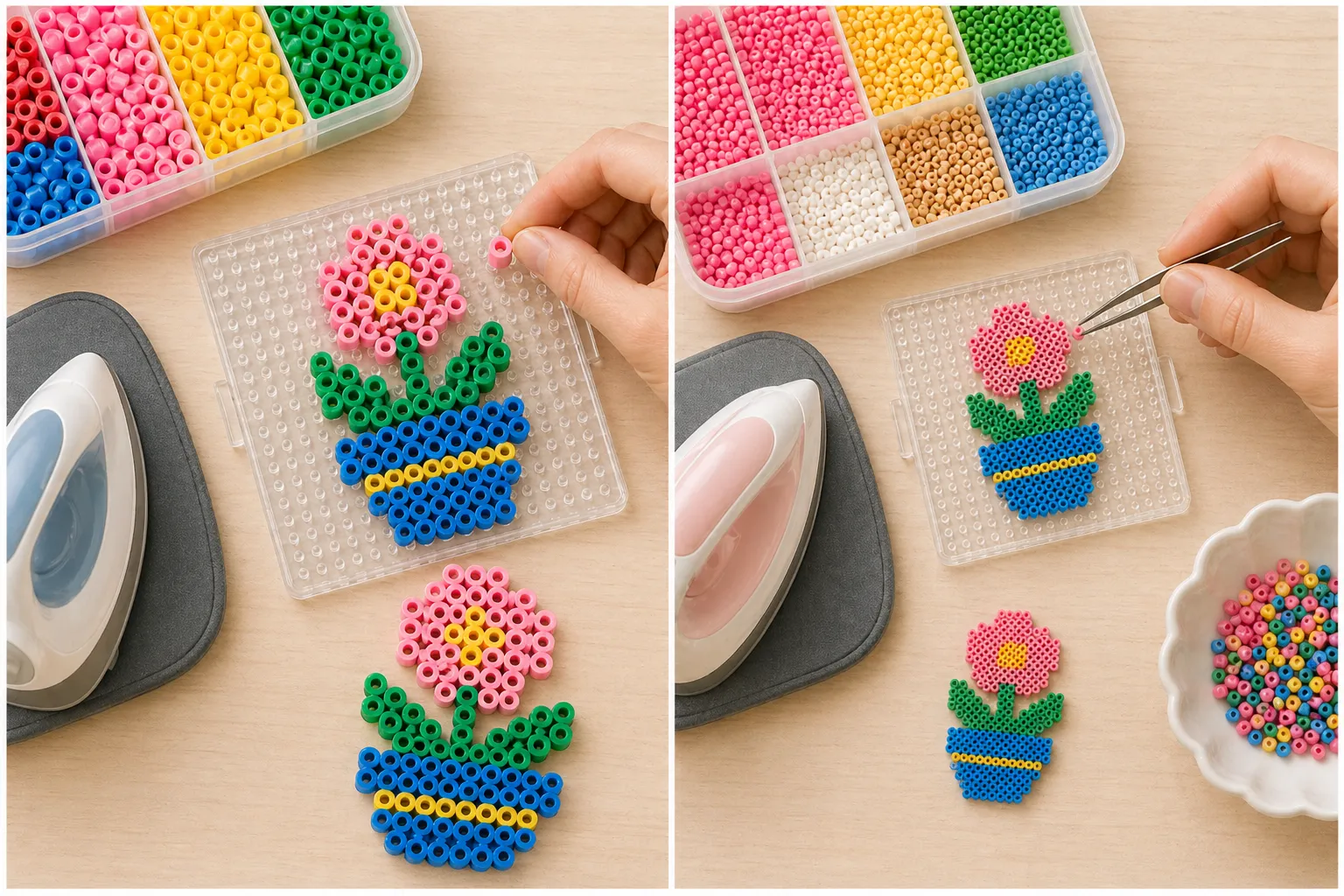 A bead-size comparison showing a larger 5mm flower design placed by hand next to a smaller 2.6mm version placed with tweezers.