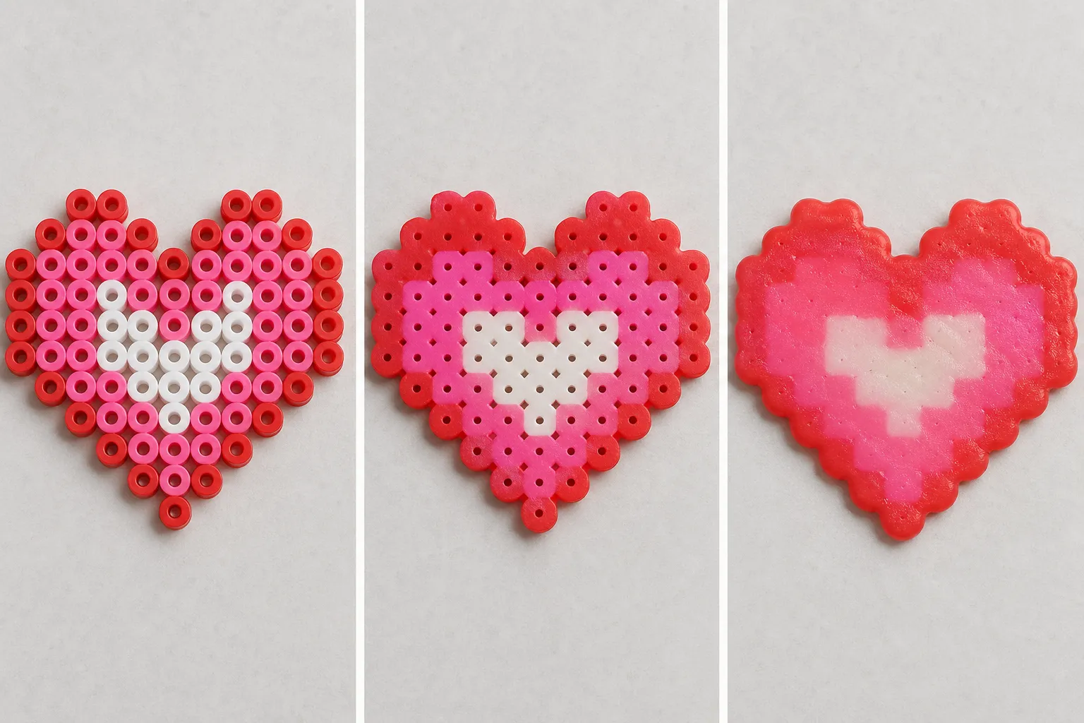 A side-by-side comparison of the same fuse bead heart under-ironed, properly fused, and over-ironed.