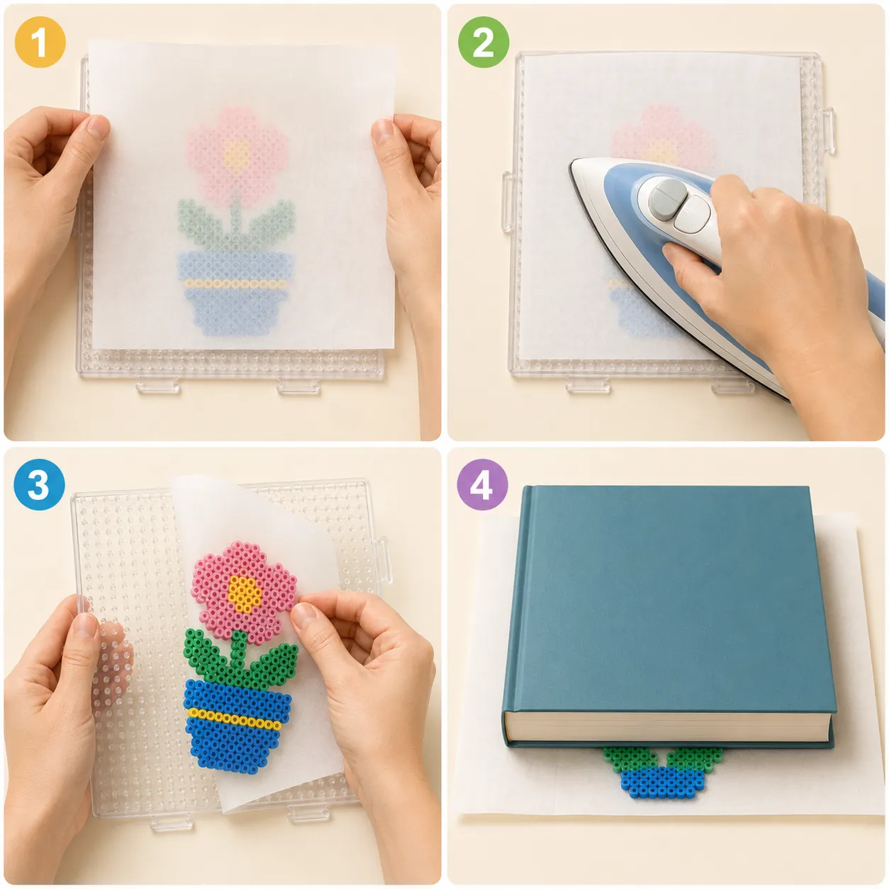 拼豆熨烫流程四格图：盖烫纸、移动熨斗、翻面、压平冷却。