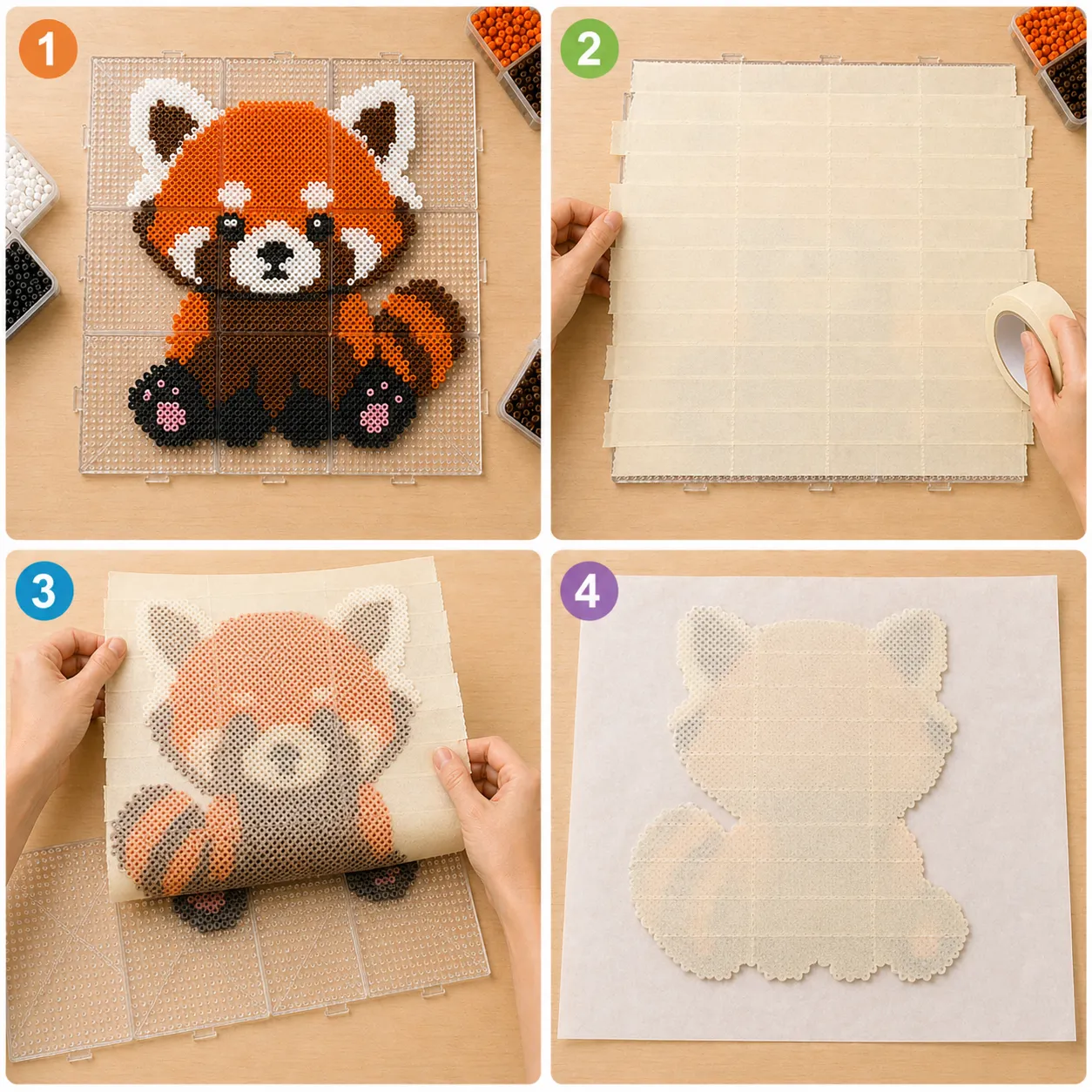 A four-step fuse bead tape method guide showing multi-board bead placement, full tape coverage across the front, careful flipping, and the back side prepared on paper for ironing.