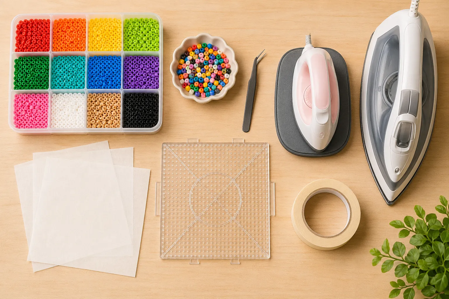 拼豆新手常用工具平铺图，包括彩色拼豆、模板板、镊子、烫纸、胶带和迷你熨斗、家用熨斗。