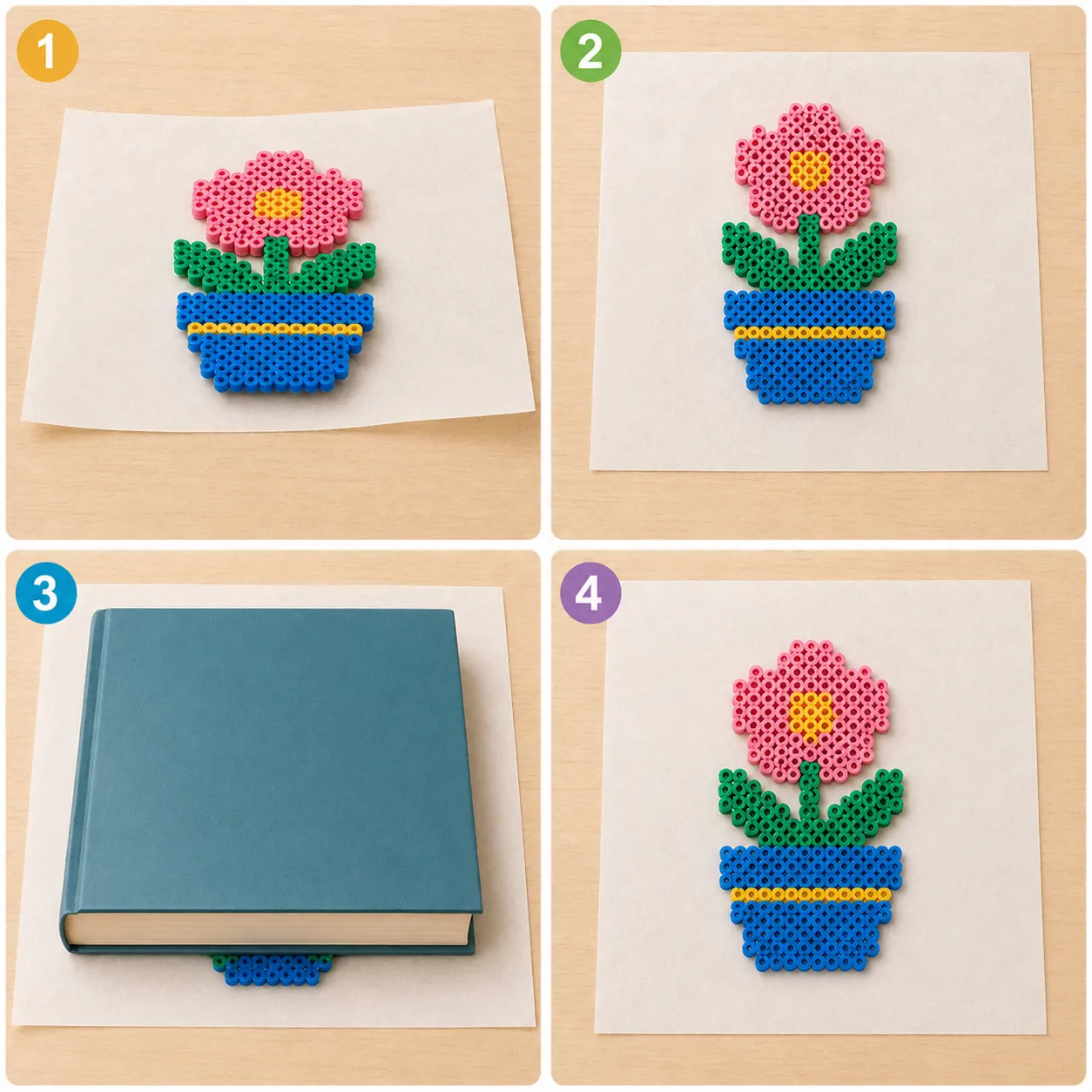 A four-step fuse bead flattening guide showing a freshly ironed piece resting flat, centered on paper, pressed under a flat weight, and lying flat after cooling.